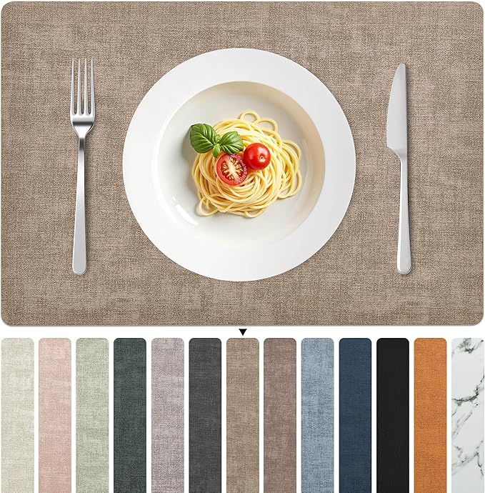 FROMHEART Faux Leather Placemats Set of 12–Waterproof,Heat/Oil Stain-Resistant PU Table Mat–Reversible,Non-Slip,Easy to Clean Place Mats for Kitchen,Dining,Indoor/Outdoor,(Light Coffee,11.8" x 17")