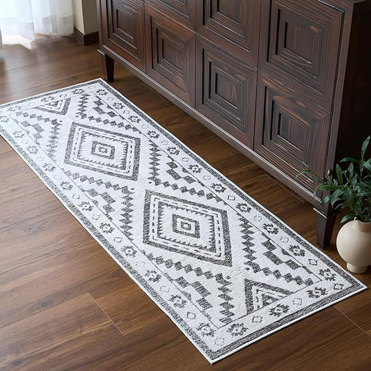 RAMEFILD Moroccan Washable Runner Rug 2x6, Geometric Woven Area Rug, Farmhouse Boho Accent Hallway Runner Rug, Non-Slip Soft Low Pile Throw Mat for Bedroom Living Room Kitchen, Olive Green/White