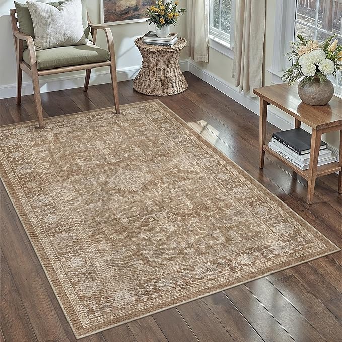 PureCozy 4x6 Brown Entryway Rug Vintage Area Carpet Indoor Office Washable Door Mat Entrance Small Low Pile Traditional Distressed Retro Accent Throw Boho Rug Non Slip Kitchen Bathroom