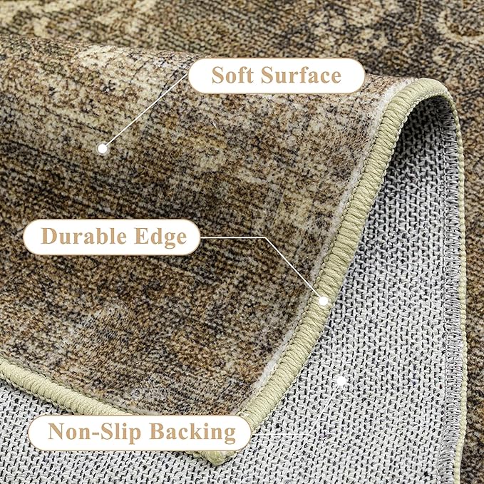 PureCozy Vintage Area Rug 8x10 Washable Brown Living Room Carpet Large Indoor Non Slip Bedroom Low Pile Kitchen Distressed Retro Accent Throw Rug for Dining Room