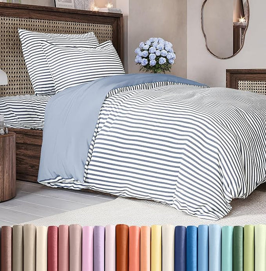 Duvet Cover Twin/Twin XL Size Set - Extra Soft Duvet Cover 68 x 90 with 1 Pillow Sham - Hotel Luxury, Easy Care and Fade Free w/ Zipper Closures & Ties - Comfy, Breathable Bedding Set (Blue Stripes 2)