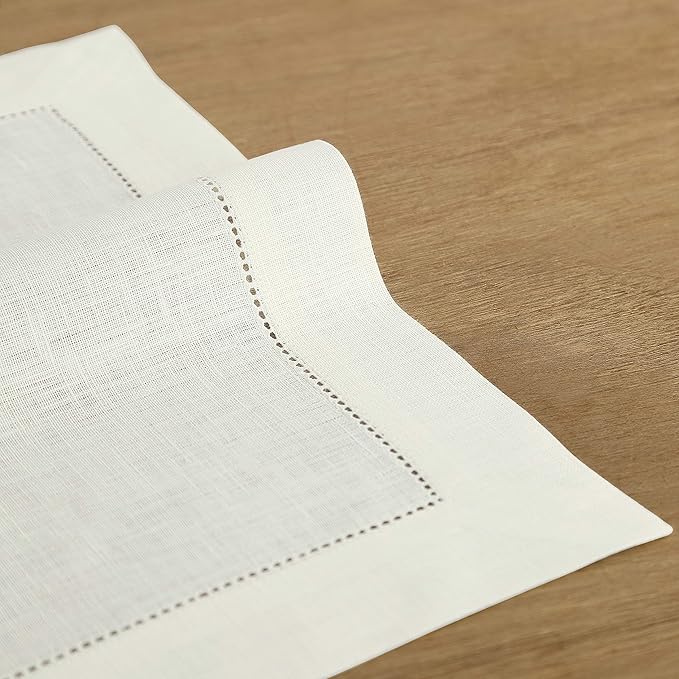 Solino Home Ivory Linen Napkins Set of 6-100% Pure Linen Hemstitch Dinner Napkins 20 x 20 Inch for Spring, Easter - Classic Hemstitch
