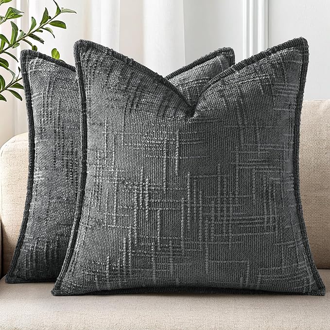 decorUhome Chenille Throw Pillow Covers 18x18 Set of 2, Thick Textured Slubby Neutral Decorative Pillow Covers with Elegant Design for Couch, Sofa, Living Room, Dark Grey