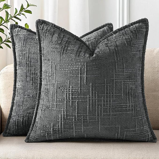 decorUhome Chenille Throw Pillow Covers 18x18 Set of 2, Thick Textured Slubby Neutral Decorative Pillow Covers with Elegant Design for Couch, Sofa, Living Room, Dark Grey