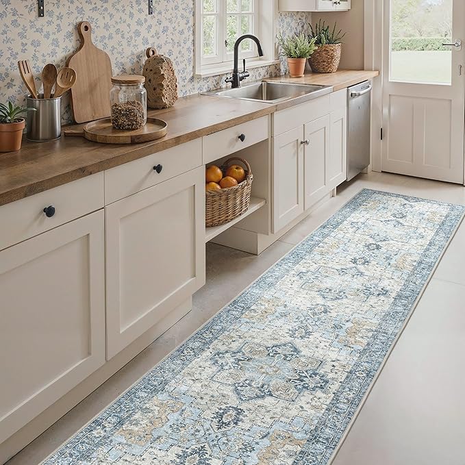 BESBLEE Runner Rug 2'6''x12, Non Slip Vintage Machine Washable Hallway Runner Rugs, Low Pile Lightweight Mat for Hallway, Entryway, Bedroom, Kitchen and Corridor, Blue