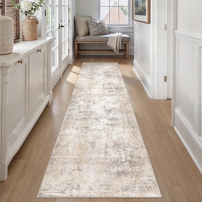 WondRg 3x10 Washable Runner Rug Beige Grey Abstract Hallway Kitchen Throw Rug Neutral Modern Non Slip Soft Low Pile Carpet for Bathroom Laundry Bedroom Living Room