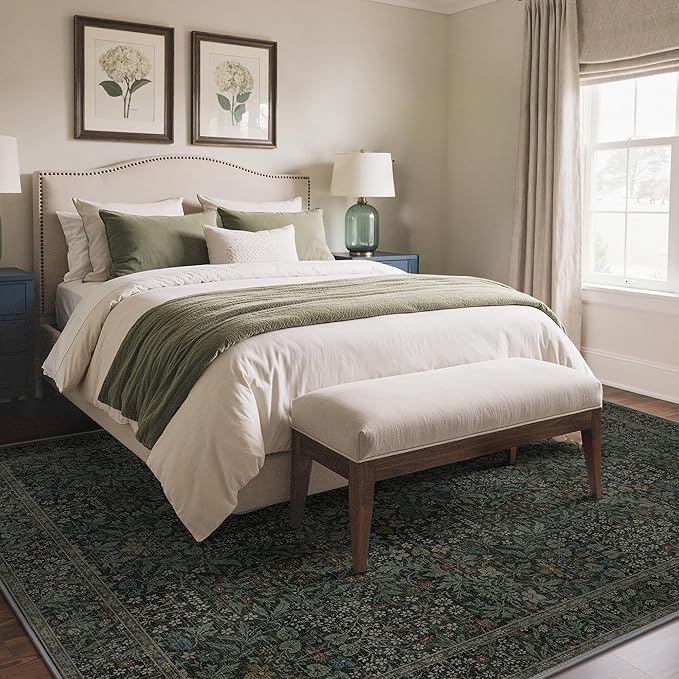 GENIMO 6x9 Area Rug for Living Room, Washable Vintage Floral Low-Pile Non-Slip Large Carpet for Bedroom Dining Room, Stain Resistant Botanical Indoor Rug (Charcoal Green)