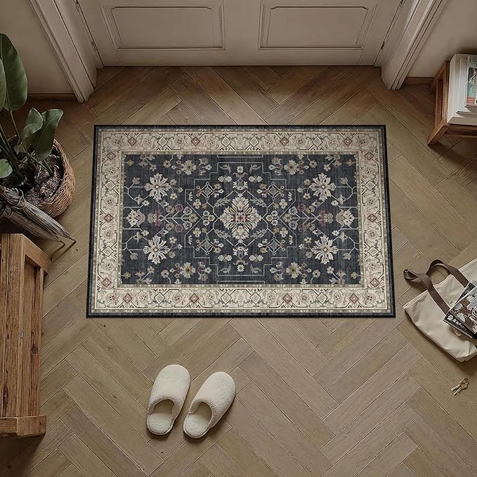PureCozy Black 2x3 Area Rug Washable Entryway Vintage Carpet Small Indoor Door Mat Kitchen Non Slip Low Pile Thin Soft Stain Resistant Accent Throw Rug for Bathroom Entrance Bedroom Office Living Room