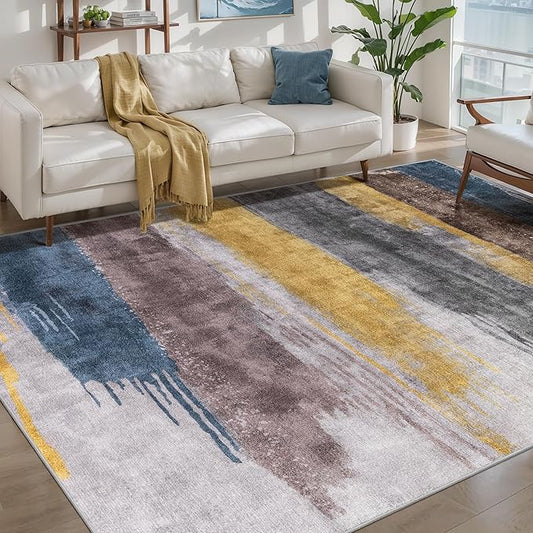 Ciicool Modern Abstract Rug for Living Room, 5'x7' Machine Washable Area Rug Non-Slip Rug, Low-Pile Contemporary Indoor Dining Floor Carpet for Bedroom Office Under Table Home Decor Yellow Blue Gray