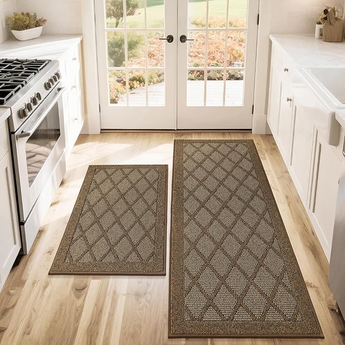 COSY HOMEER Kitchen Mats, 2 PCS Kitchen Rug Non Slip Washable, Absorbent Runner Rugs for Kitchen Floor, 100% Polypropylene Kitchen Sink Rug 24"x36" + 24"x60"(Brown)