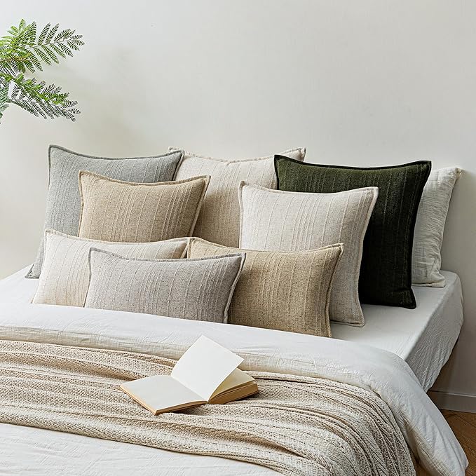 a moment Linen Pillow Covers Set of 2,Boho Farmhouse Throw Pillowcases Neutral Textured Decorative Covers for Couch Sofa,Linen Blend Accent Case Cushion Living Room Home Decor 22"x22"Dark Green