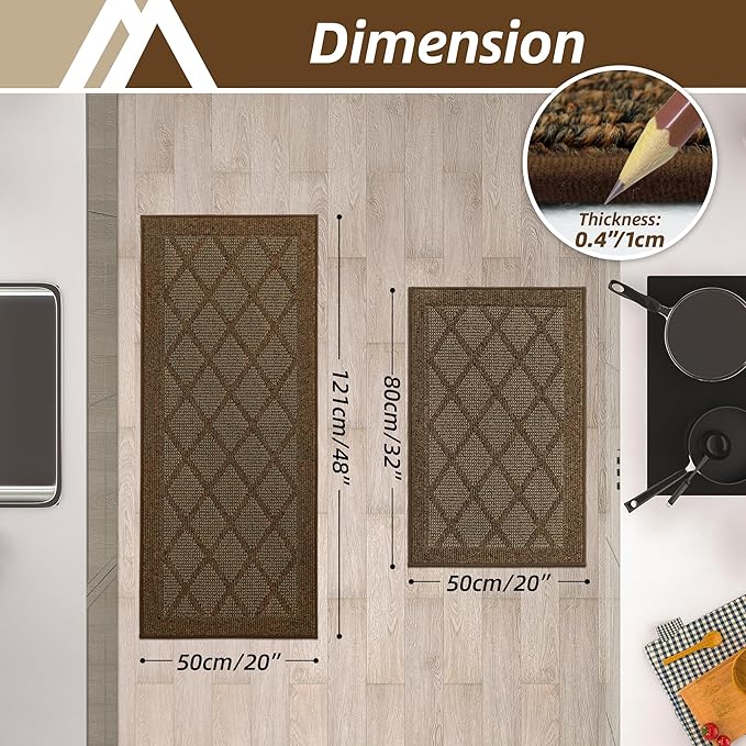 COSY HOMEER Kitchen Mats, 2 PCS Kitchen Rug Non Slip Washable, Absorbent Runner Rugs for Kitchen Floor, 100% Polypropylene Kitchen Sink Rug 20"x32" + 20"x48"(Brown)