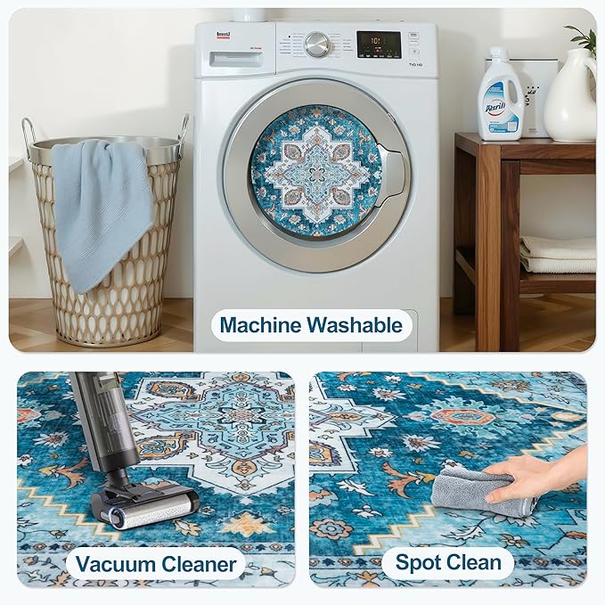 Tangsoo Blue 2x6 Washable Runner Rug for Hallways, Non Slip Vintage Runner Rug, Soft Boho Low Pile Long Rug Runner, Carpet Runners for Kitchen Bedroom Entryway Bathroom Living Room