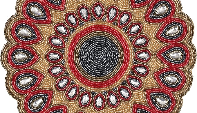 Scalop Floral Beaded Charger & Placemats - 13" Round, Gold, Red, Grey - Holiday & Christmas