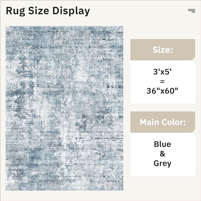 Soalmost 3x5 Rug, Small Area for Kitchen, Entryway, Machine Washable Non-Slip Throw Rug, Vintage Carpet for Nursery Coffee Table Blue