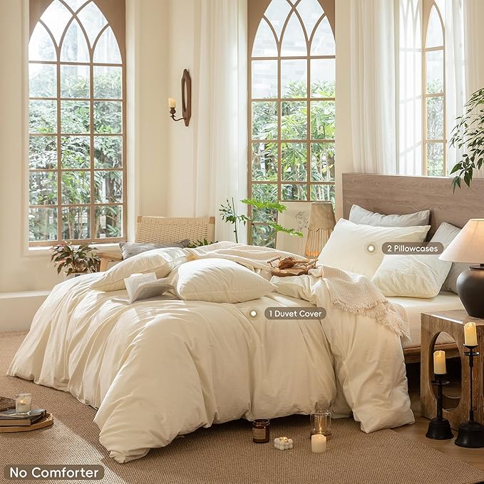 MooMee Wavy Striped Duvet Cover Set 100% Washed Cotton Linen Like Textured Breathable Durable Soft Comfy (Cream White, Full 80"x90")