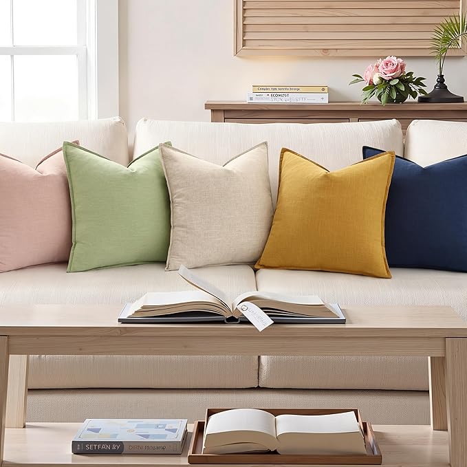 decorUhome Spring Decorative Linen Throw Pillow Covers 20x20 Inch Set of 2 Pink Pillow Covers with Flange Edges Soft Farmhouse Boho Accent Pillow Cases for Couch Bed Living Room Valentines