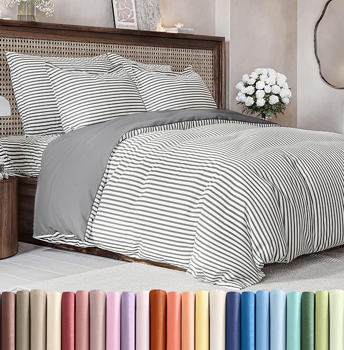 Duvet Cover Full Size Set - Extra Soft Full Size Duvet Cover 80 x 90 with 2 Pillow Shams - Hotel Luxury Easy Care and Fade Free w/Zipper Closures & Ties - Comfy Breathable Bedding Set (Grey Stripes)