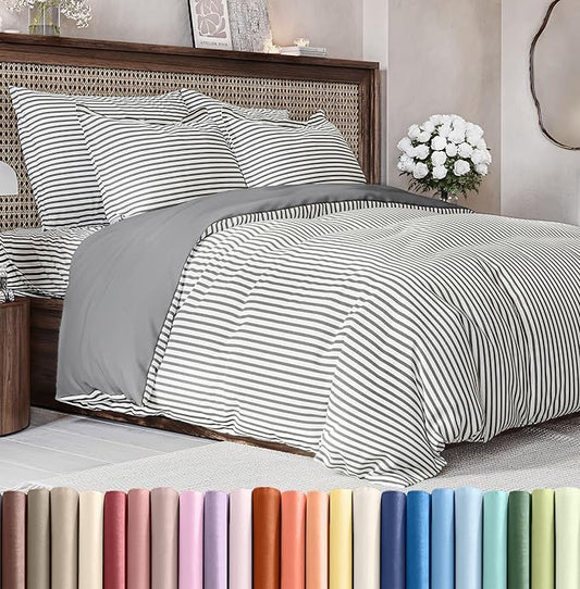 Duvet Cover Cal King Size Set - Extra Soft Cal King Size Duvet Cover 104 x 98 with 2 Pillow Shams - Hotel Luxury and Fade Free w/Zipper Closures & Ties - Comfy Breathable Bedding Set (Grey Stripes)