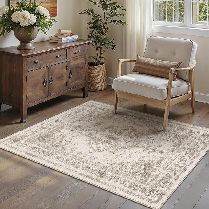 PureCozy Area Rug 2x3 Beige Washable Entryway Vintage Medallion Carpet Non Slip Low Pile Soft Doormat Distressed Retro Indoor Small Rug for Kitchen Bedroom Laundry Bathroom