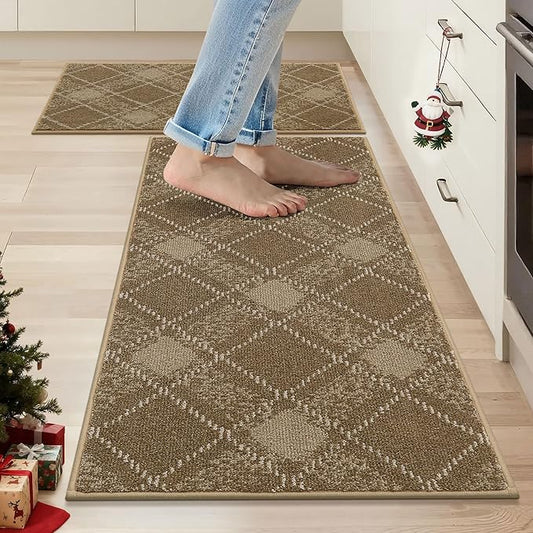 COSY HOMEER Kitchen Rugs and Mats Sets 2PCS Non-Slip Soft Kitchen Mats for Floor Absorbent and Stain Resistant Kitchen Floor Mat Washable Plaid Rugs for Kitchen,20"x32"+20"x48",Taupe