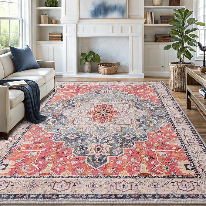 Vanmoos 5x7 Area Rugs for Living Room, Bedroom - Machine Washable, Non-Slip Bedside Rug, Large Soft Floor Carpet for Office, Dining Room, Farmhouse and Home Decor, Artistic Flair/Brick Red