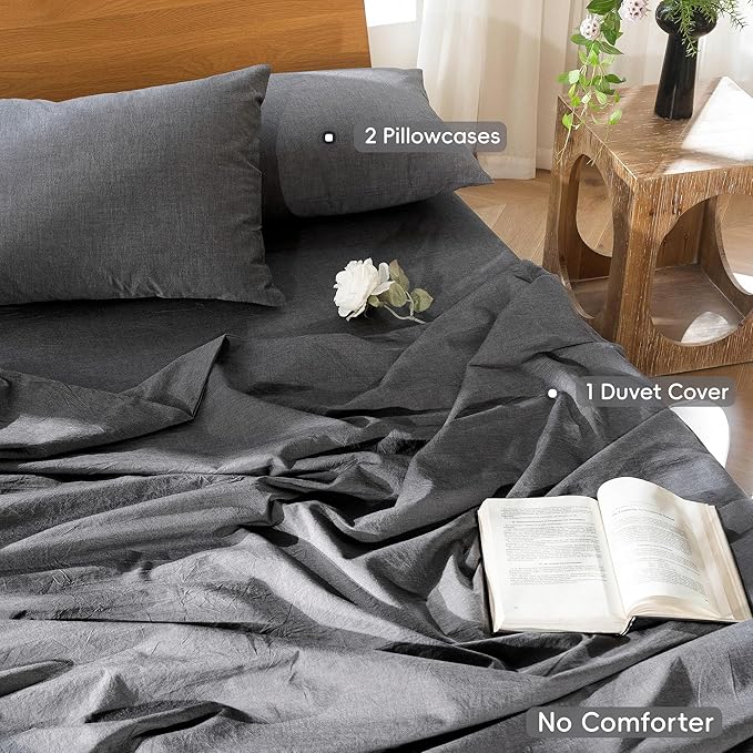 MooMee Bedding Duvet Cover Set 100% Washed Cotton Linen Like Textured Breathable Durable Soft Comfy (Heathered Dark Grey, Full 80"x90")