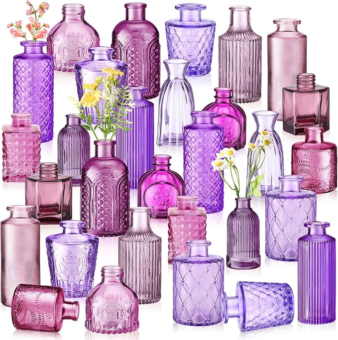 Yaomiao 30 Pcs Vases Bulk Colored Flower Glass Bud Vases Valentine Vintage Colored Glass Bottles Colorful Rustic Embossed for Home Wedding Table Decorations Gifts(Purple Series)