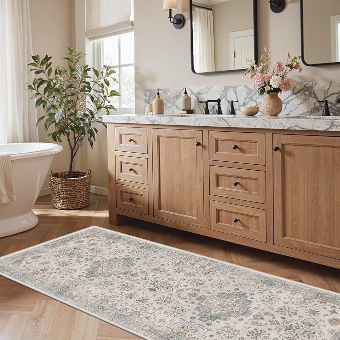 GENIMO 2'6''x6 Runner Rug,Machine Washable Non-Slip Vintage Rugs,Low Pile Lightweight Carpet for Bedroom,Hallway,Entryway,Kitchen,Bathroom,Grey
