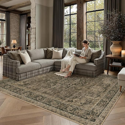 PureCozy 5x7 Washable Area Rug Brown Vintage Distressed Rug for Office Oriental Soft Thin Indoor Retro Carpet Non Slip Low Pile Floor Cover for Living Ding Room Bedroom Laundry Dorm
