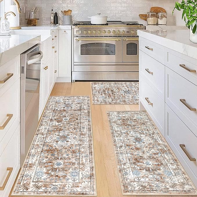 Pauwer Kitchen Rugs Sets of 3 Non Slip Washable Kitchen Mats for Floor Farmhouse Kitchen Floor Mat Runner Rug Boho Kitchen Sink Rug Carpet for Kitchen Hallway Laundry Room, Vintage Cream Tan