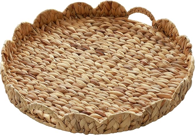 Extra Large Round Ottoman Table Tray 19.7" with Handles - Handmade Wicker Serving Hand Woven Tray for Farmhouse Decorative Oversized Coffee Table Trays Living Room Kitchen Counter Breakfast Scalloped