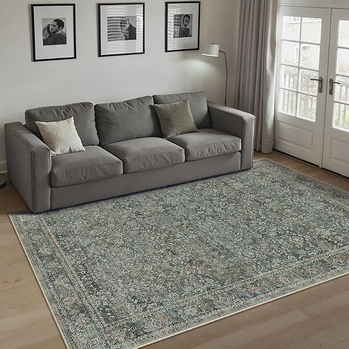PureCozy Area Rug 5x7 Gray Living Room Washable Vintage Carpet Non Slip Indoor Retro Traditional Grey Accent Throw Large Rug for Office Kitchen Bedroom Dining Room