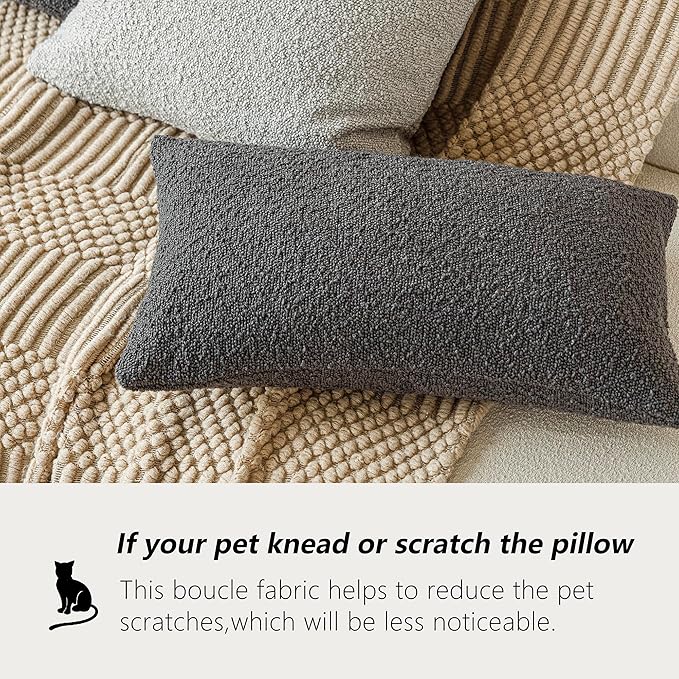 Foindtower Textured Boucle Throw Pillow Covers Accent Solid Lumbar Pillow Cases Cozy Soft Decorative Couch Cushion Case for Chair Sofa Bedroom Living Room Home Decor, 12 x 20 Inch,Dark Grey