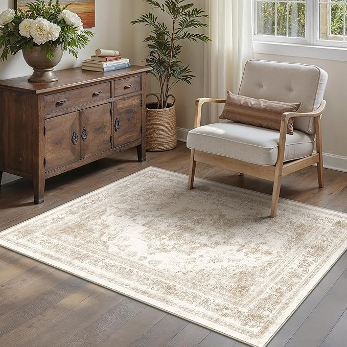 PureCozy Area Rug 3x5 Cream Washable Office Entryway Vintage Medallion Beige Carpet Non Slip Retro Indoor Mat Low Pile Soft Distressed Small Rug for Bedroom Kitchen Laundry Dining Room