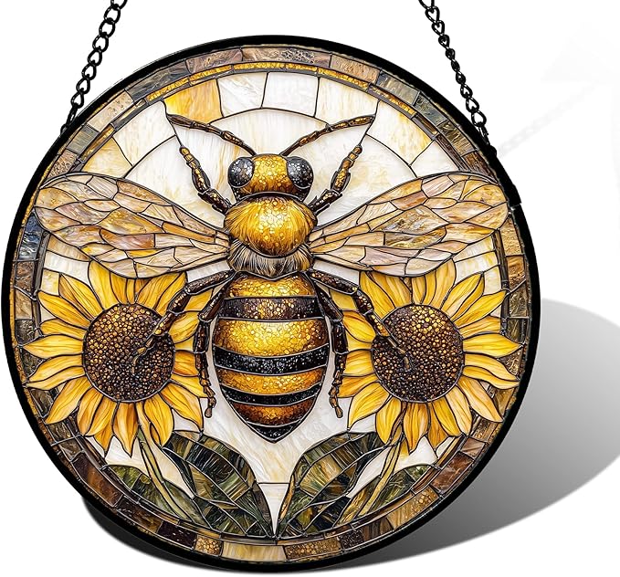 Stained Glass Window Hanging - Bee Sunflower Yellow Suncatcher Ready to Hang Window Doors Home Decoration and Christmas, Mother's Day Birthday Gifts for Women, Men, and Mom 7.8x7.8 in