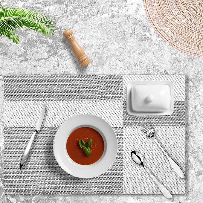 Placemats Set of 4 Vinyl Washable White Gray Placemats, 18"x12" Wipeable Heat-Resistant Non-Slip Easy Clean Table Mats Ideal for Dining Table Table Runner and Outdoor (4, White Square)