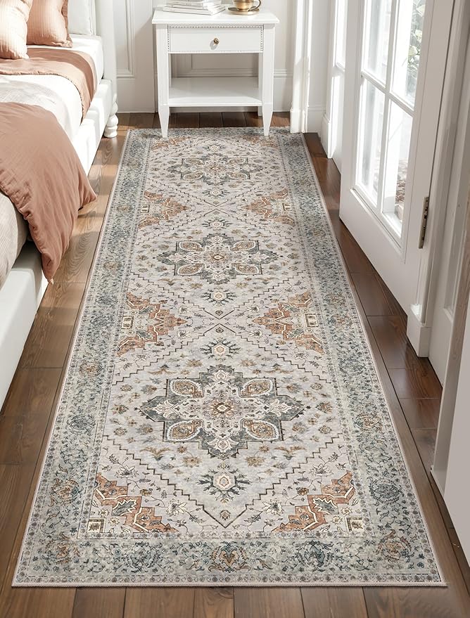 Tangsoo Hallway Runner Rugs 2.6x14 Washable Runner Rug for Hallways, Non Slip Vintage Soft Low Pile 14ft Long Rug Runner, Print Carpet Runners for Kitchen Bedroom Entryway Living Room Grey/Cream