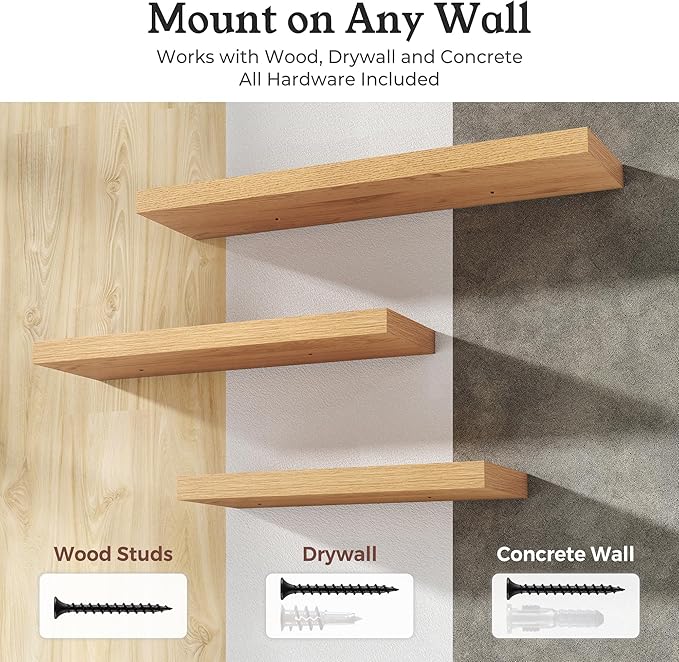 Floating Shelves for Wall, 9.3" Deep Wall Mounted Wood Shelves for Bathroom, Bedroom, Living Room, Kitchen, Hanging Shelf for Books/Storage/Room Decor (Oak, 36")
