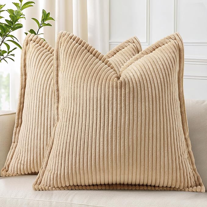 decorUhome Spring Corduroy Light Brown Euro Sham Throw Pillow Covers 24x24 Set of 2 Decorative Soft Boho Farmhouse Couch Pillow Covers for Living Room Bed Sofa Broadside Striped Pillow Cases