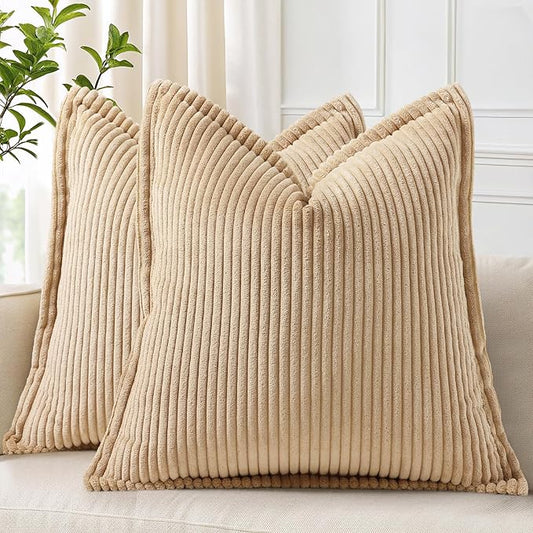 decorUhome Spring Corduroy Light Brown Throw Pillow Covers 16x16 Set of 2 Decorative Soft Boho Farmhouse Couch Pillow Covers for Living Room Bed Sofa Broadside Striped Pillow Cases
