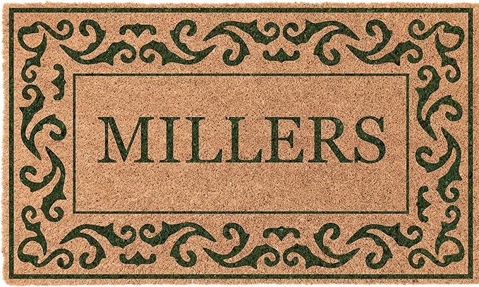 COCO MATS 'N MORE Green Rolling Scrolls Bordered Personalized Coco Doormat 18" x 30" with Vinyl Backing | Personalized Doormats for Outdoor Entrance | Tough Coconut Husk Bristles Locks Dirt Out