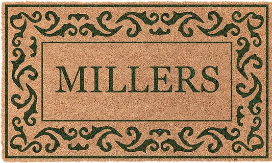 COCO MATS 'N MORE Green Rolling Scrolls Bordered Personalized Coco Doormat 18" x 30" with Vinyl Backing | Personalized Doormats for Outdoor Entrance | Tough Coconut Husk Bristles Locks Dirt Out