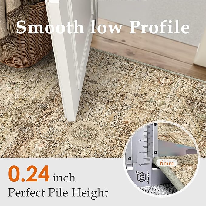 PureCozy Brown Multi Area Rug 6x9 Vintage Washable Distressed Living Room Carpet Large Indoor Non Slip Traditional Medallion Retro Low Pile Accent Throw Rug Bedroom Kitchen Office Dining Room