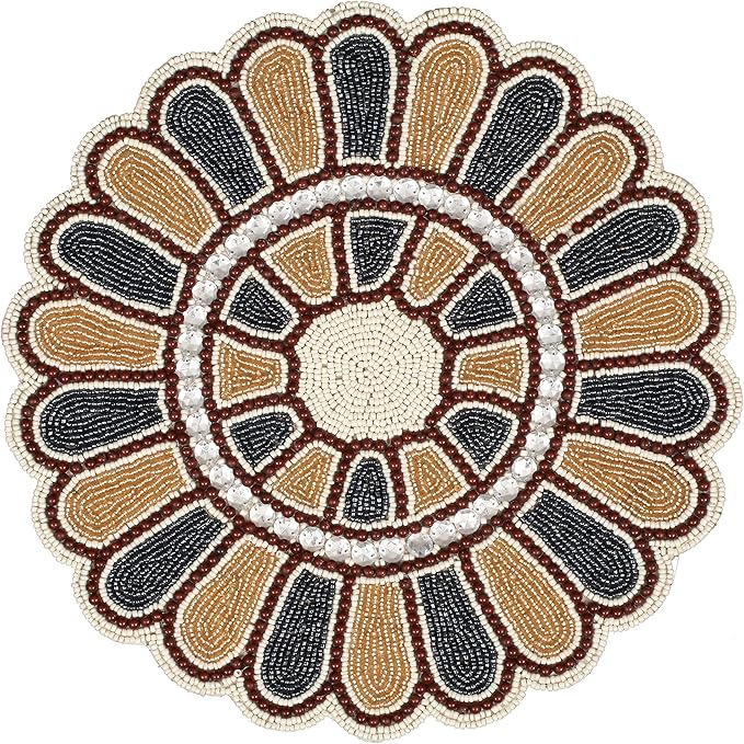 Beaded Charger 13 inch Placemats Round – Floral Calendula Design in Grey Gold Ivory, Handmade Dining Table Mat, Holiday, Christmas, Wedding, Decorative Table Bedding Craft