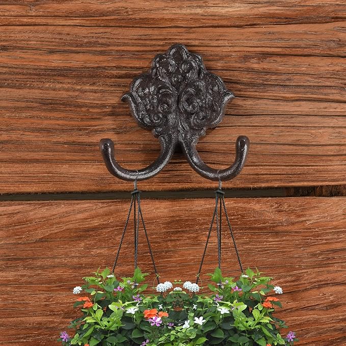 BRASSTAR Cast Iron Simple Floral Decoration Double Hook Hanging for Coats, Bags, Hats, Towels, Keys, Rustic Retro Home Art Decor TQGJPT442