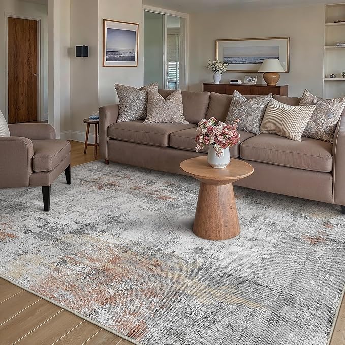WondRg 5x7 Washable Area Rug Grey Rust Abstract Living Room Bedroom Carpet Neutral Modern Non-Slip Soft Low Pile Lightweight Vacuumable Throw Rug for Dining Room Entryway