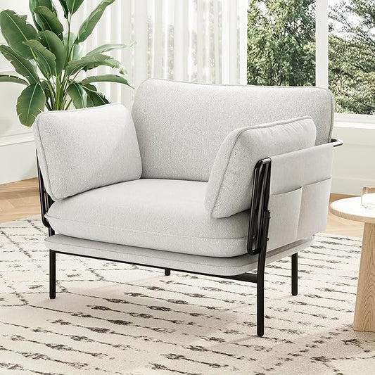 AYEASY Modern Accent Chair for Living Room, Oversized Reading Chair with Solid Metal Legs, Upholstered Fabric Armchair with Side Pockets and 2 Pillows, Comfy Accent Chairs for Bedroom, Nursery, White