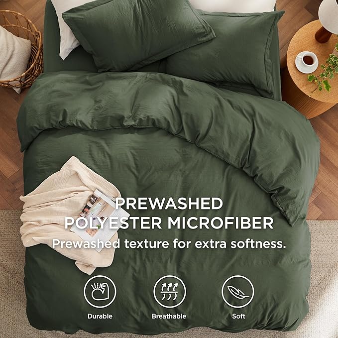 Bedsure Duvet Cover King Size with Fitted Sheet - 4 Pieces Prewashed Cotton-Like Extra Soft Bedding Set, Includes 1 Duvet Cover 104x90 Inches, 2 Pillow Shams, 1 Fitted Sheet, Olive Green