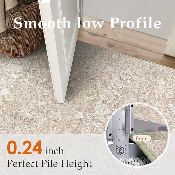 PureCozy 4x6 Area Rug Washable Beige Vintage Entryway Office Carpet Indoor Non Slip Small Low Plie Thin Bedroom Kitchen Rug Retro Accent Throw Living Dining Room Bathroom